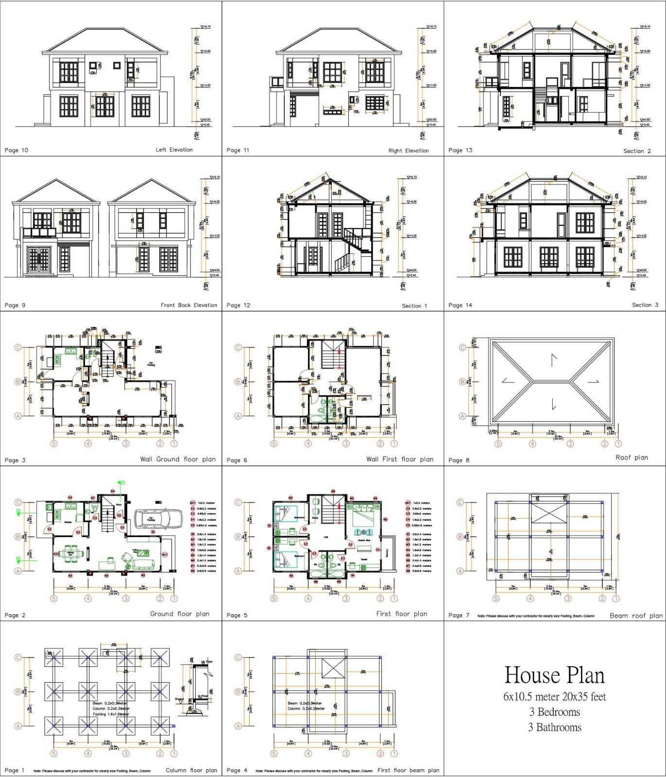 Custom House Plan 6×10.5 Meter 20×35 Feet 3 Beds 3 Baths Hip Roof (A4 Hard Copy)