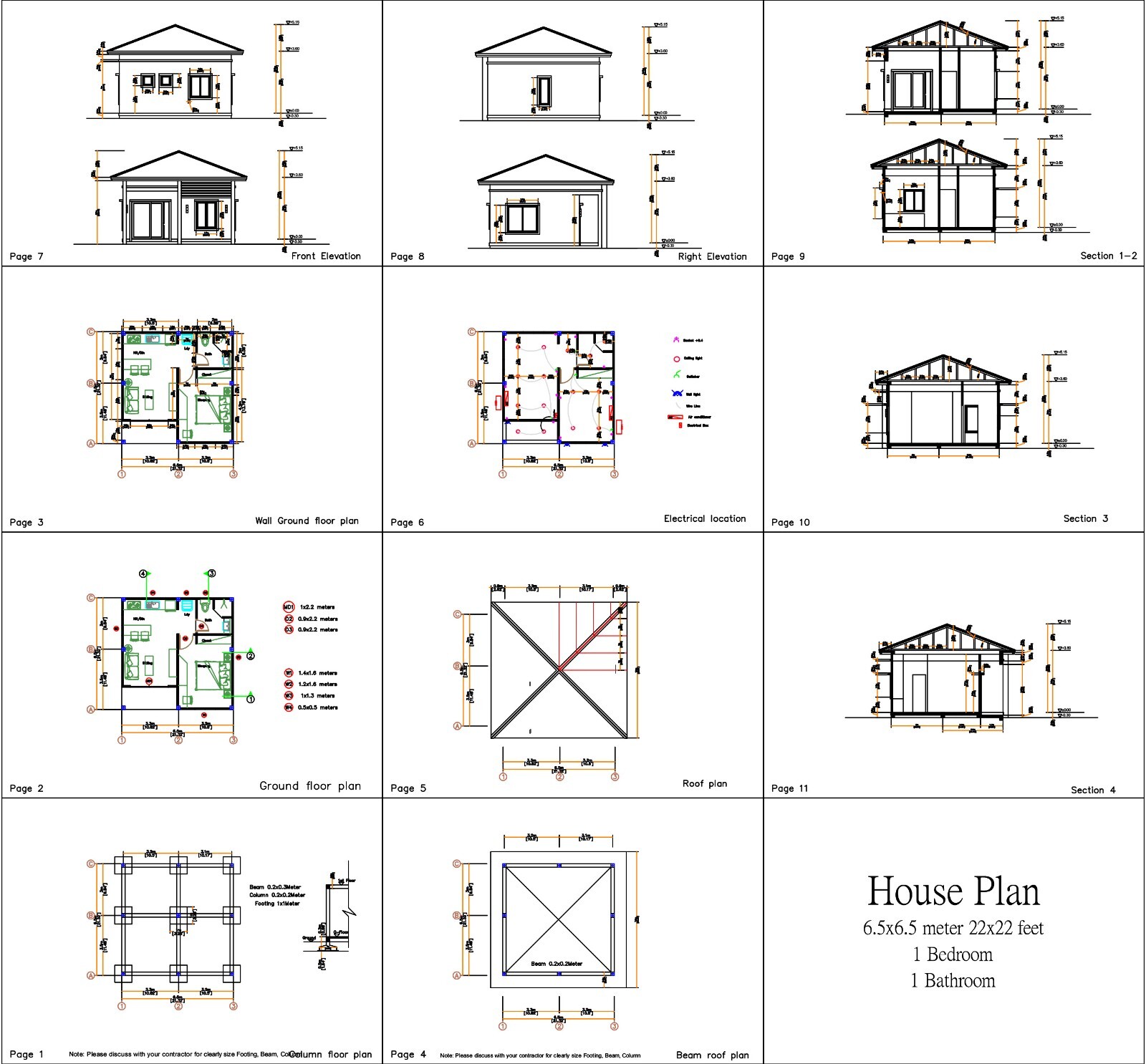 21×21 Feet One Bed 1 Bath House Plans 6.5×6.5 Meter Hip roof PDF (A4 Hard Copy)