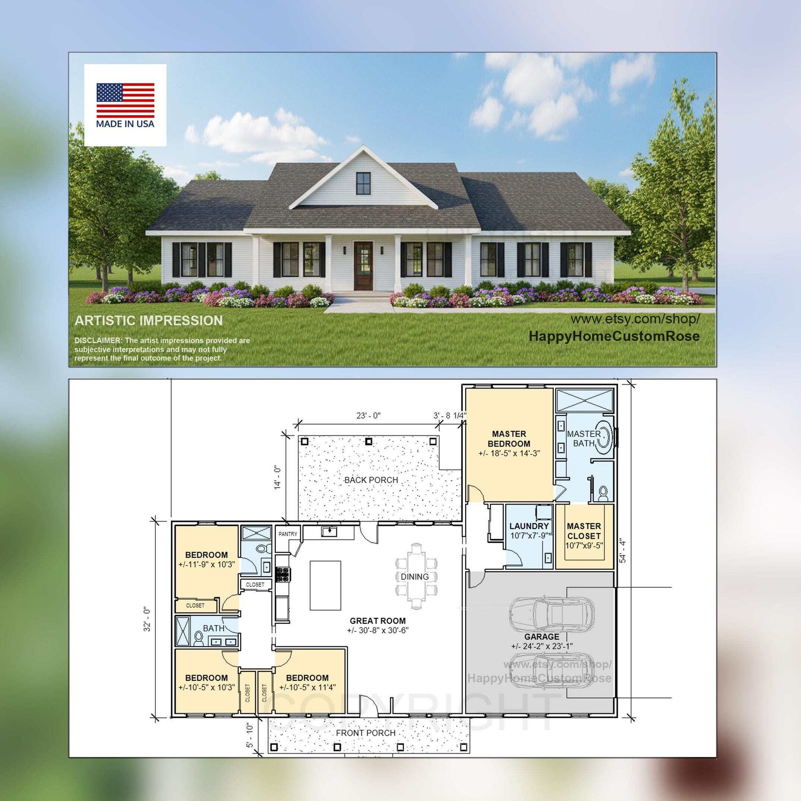 Country Estate Farmhouse House Plan – 2305 SF, 4 Bed 3 Bath – Modern Open Floor