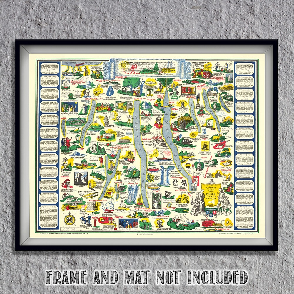 Finger Lakes New York Illustrated Map Vintage Pictorial Regional History Artwork