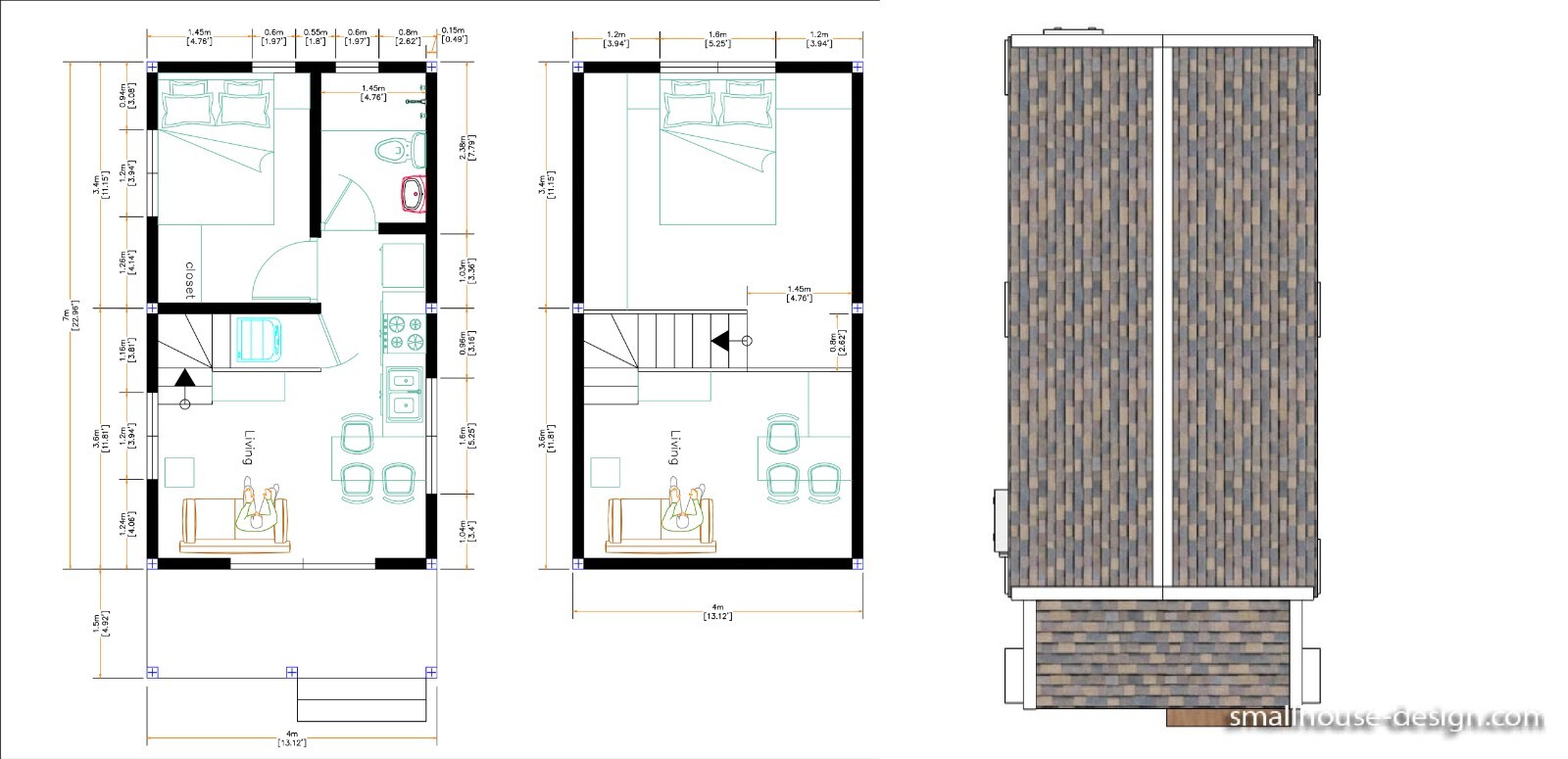 13×23 Loft House Plan 4×7 Meter 2 Beds 1 Bath Gable Roof PDF Plan (A4 Hard Copy)