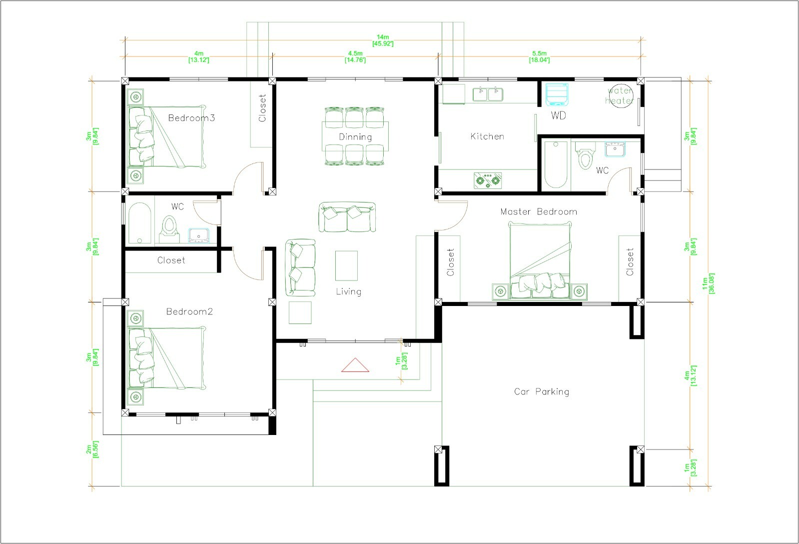 House Plans 14×11 Meter 46×36 Feet 3 Beds 2 Baths Hip Roof (A4 Hard Copy)