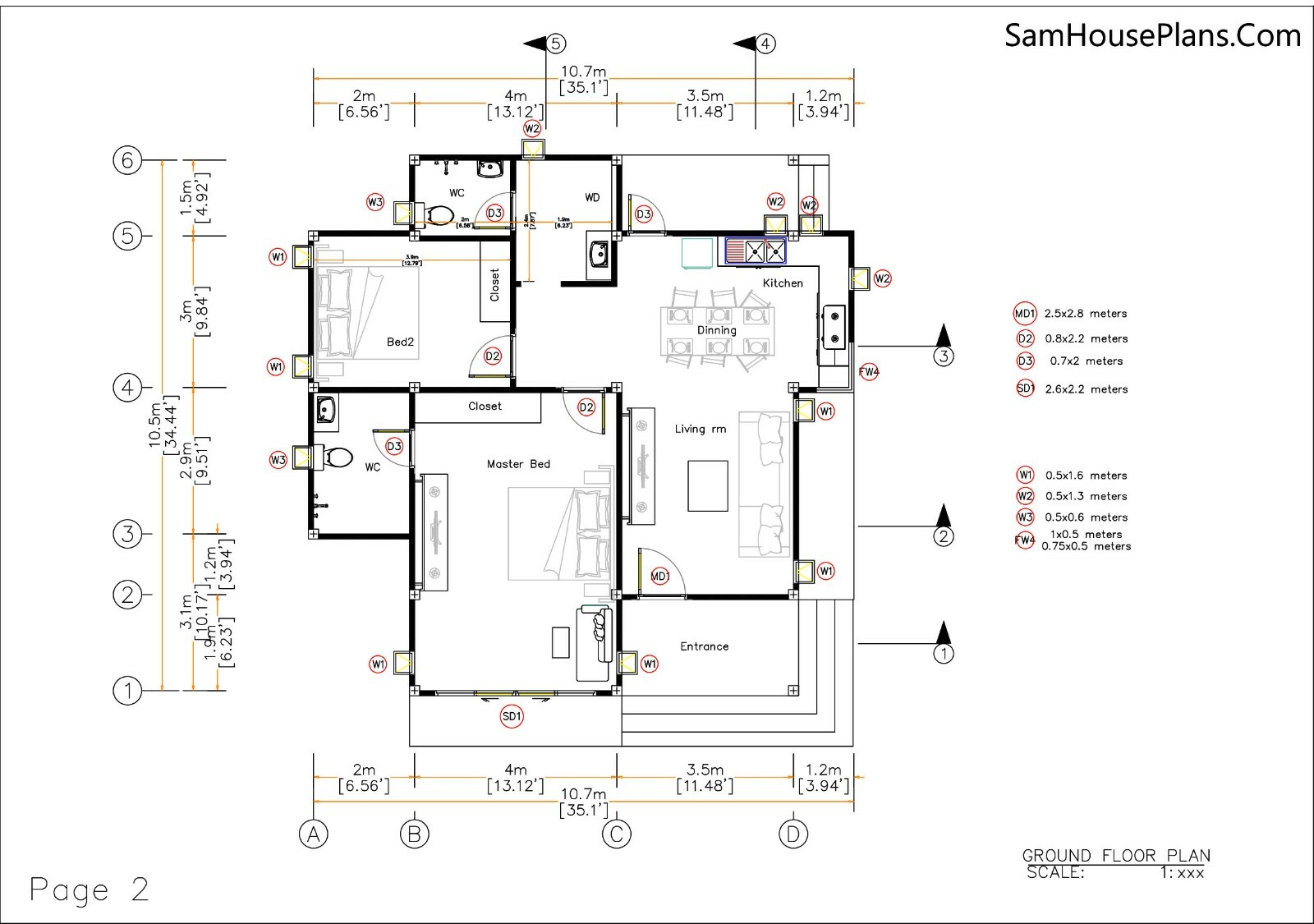 35×35 Feet House Plans 10.7×10.5 Meter 2 Beds 2 Baths Flat PDF (A4 Hard Copy)