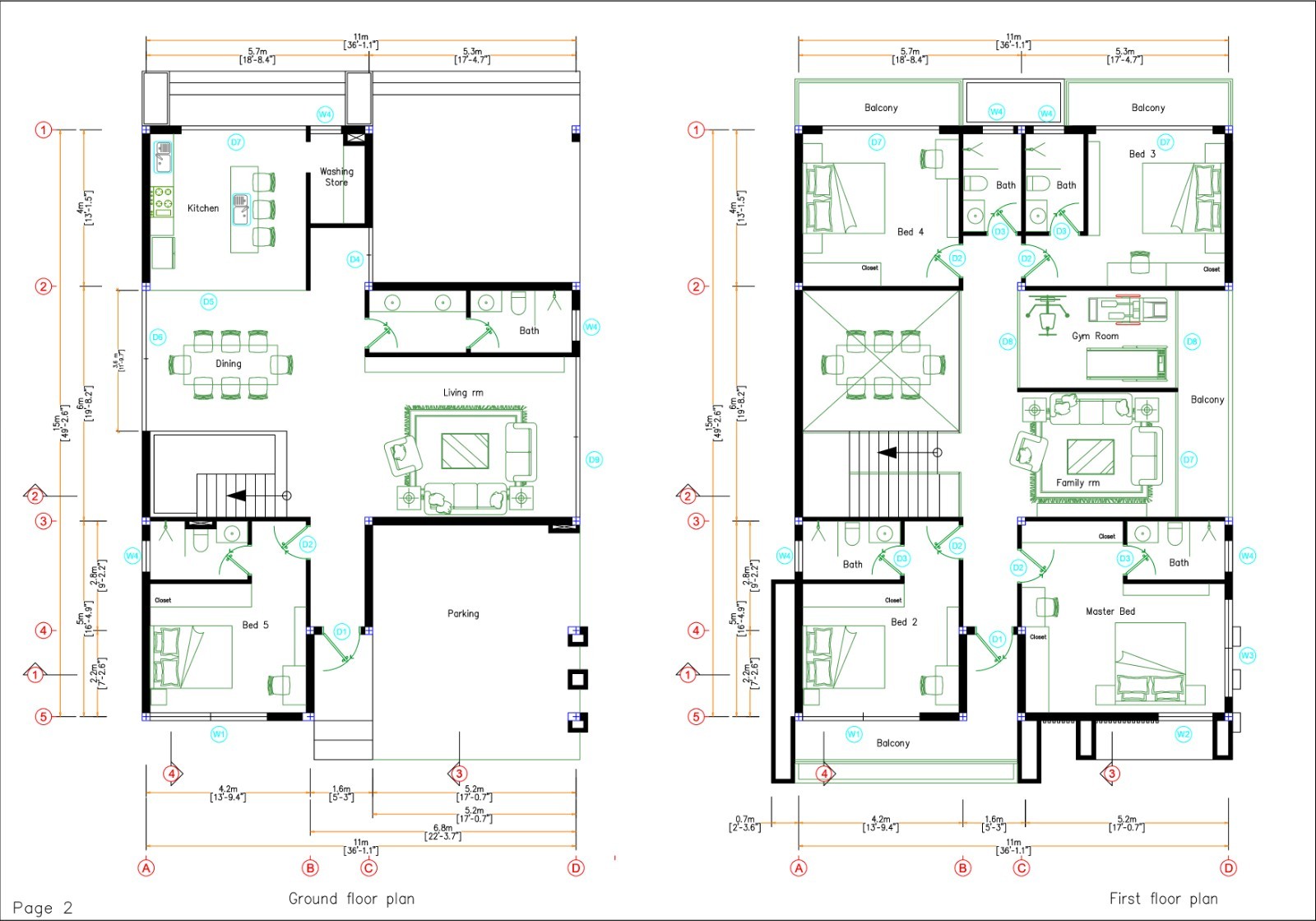 36×49 Feet House Plans 11×15 Meter 5 Beds 6 Baths PDF, CAD files &A4 Hard Copy