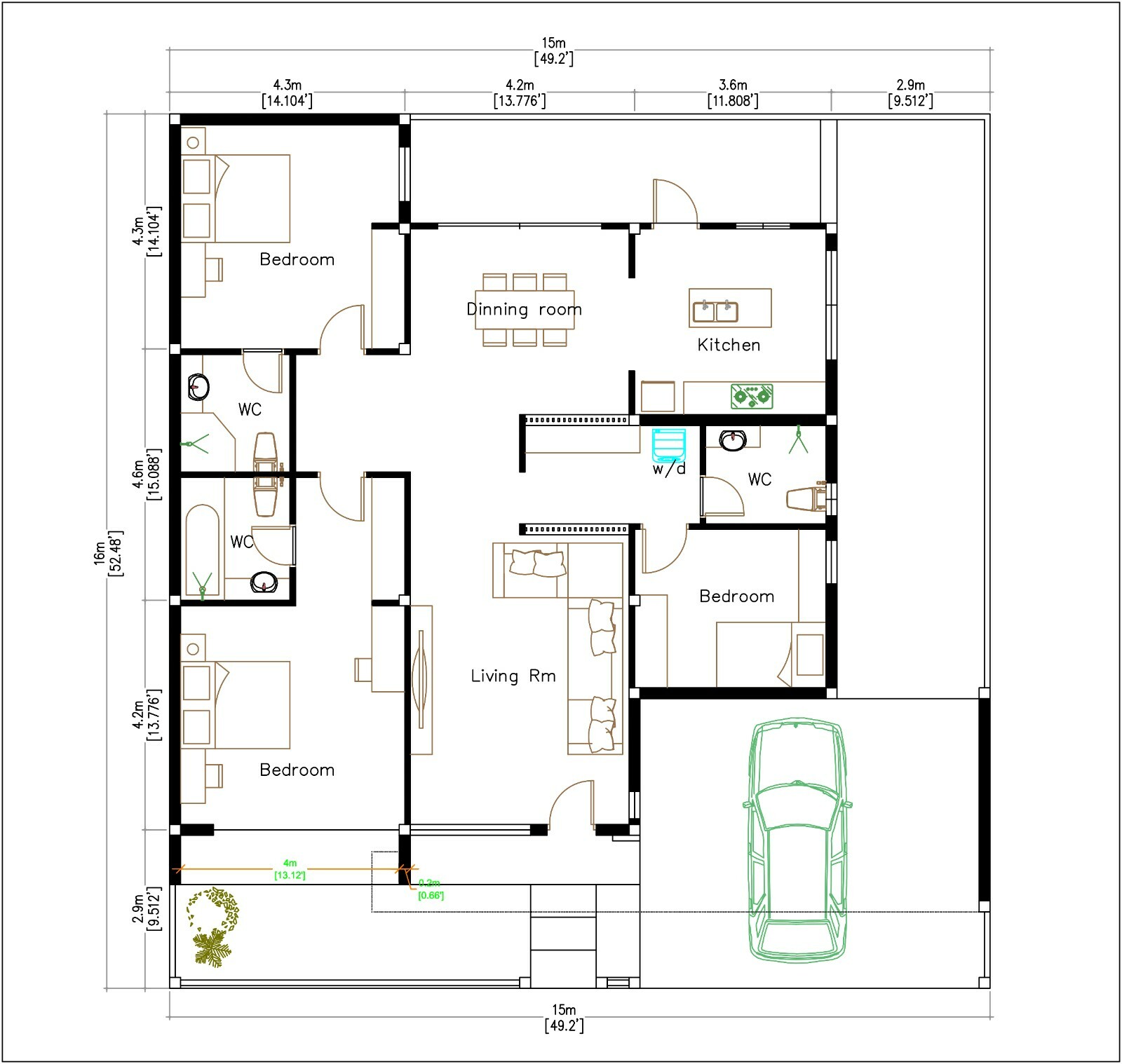 Modern House Plans 15×16 Meter 49×53 Feet 3 Bedrooms Full PDF (A4 Hard Copy)