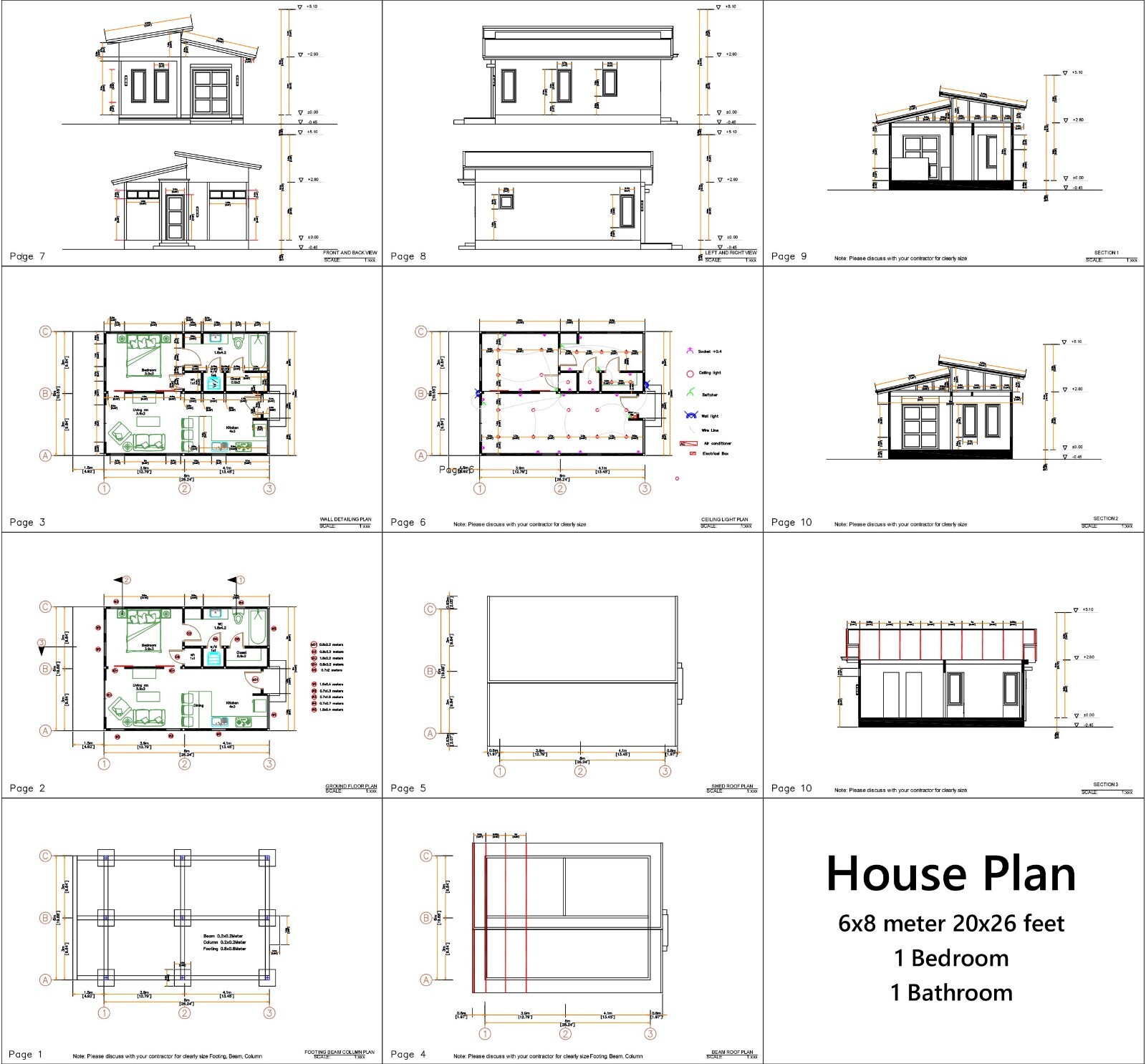 20×26 Feet Tiny House Plans 6×8 Meter 1 Bed 1 Bath Shed Roof PDF (A4 Hard Copy)