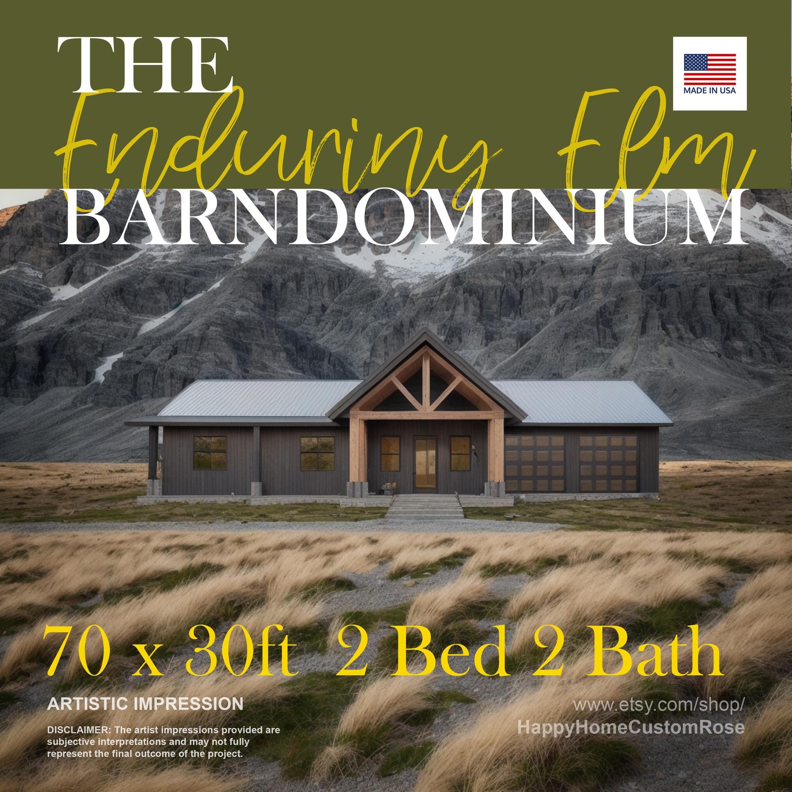 Enduring Elm Barndominium Modern House Open Plan Design 70 x 30 – 2 Bed 2 Bath –