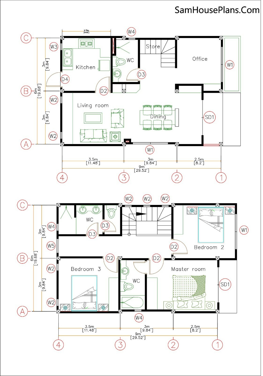 Small House Plan 20×30 Feet 6×9 Meter 3 Beds 3 Baths Shed Roof (A4 Hard Copy)