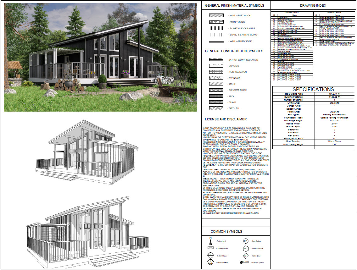 Cozy Charming Tiny House 2 Bed, 1 Bath Architectural Build Plans PDF Download