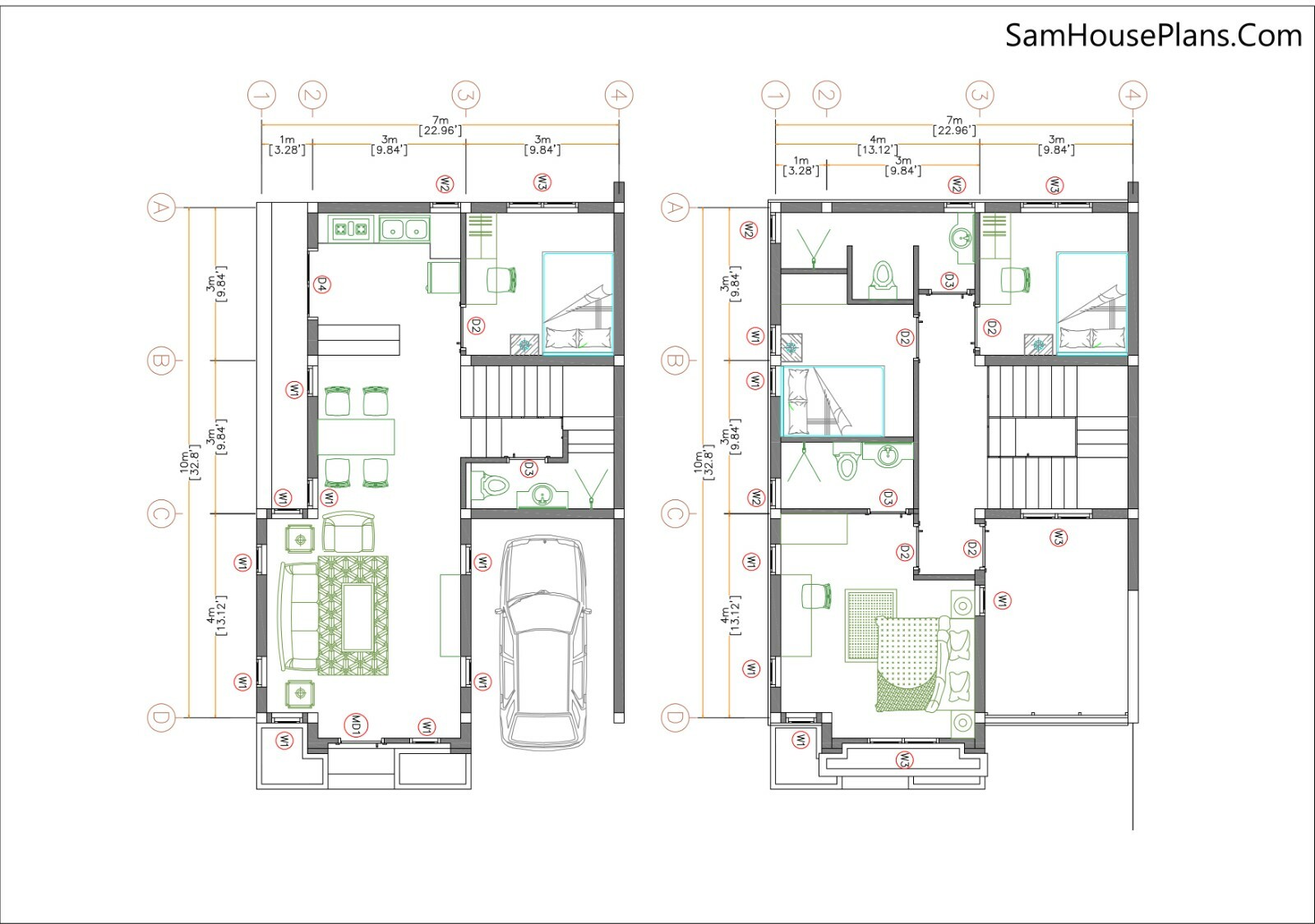 Small House Plan 23×33 Feet 7×10 Meter 4 Beds 3 Baths Flat Roof (A4 Hard Copy)