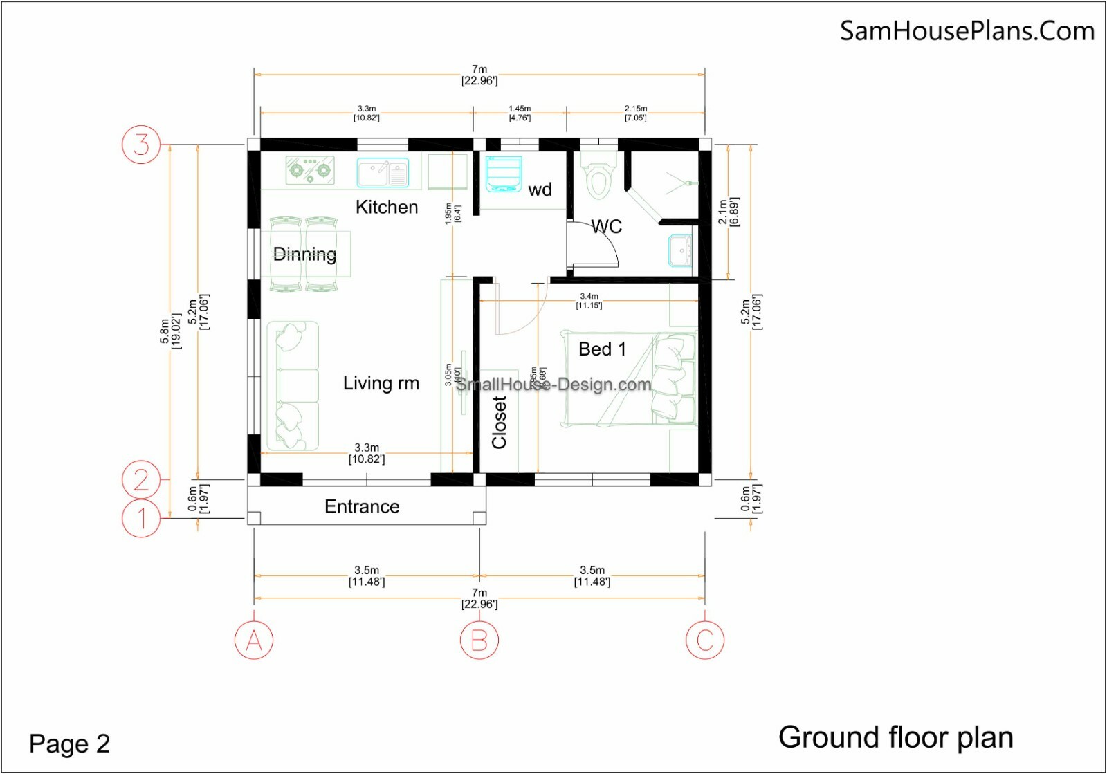 Small House Design 7×7 Meter 23×23 Feet 1 Bed 1 Bath Shed PDF (A4 Hard Copy)