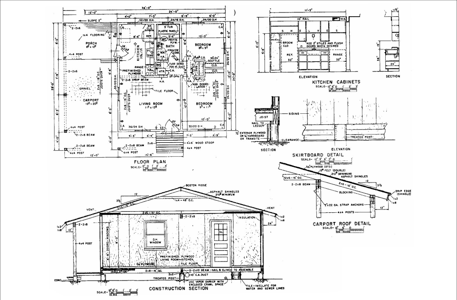 Generic 24×24 Tiny Home Cabin Design Plans – 2 Bedroom Drawings