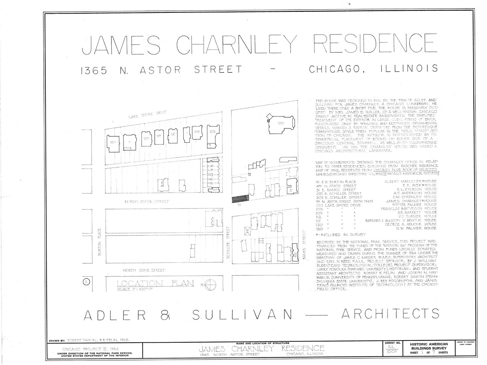 Frank Lloyd Wright Prairie Style home, architectural drawings, Charnley House