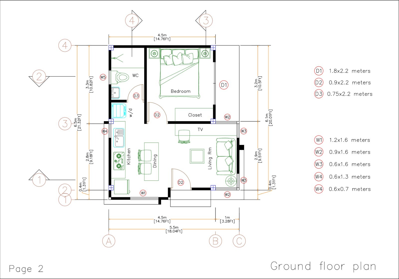 18×21 Feet Small House Plans 5.5×6.5 Meter 1 Bed 1 Bath Shed Roof (A4 Hard Copy)