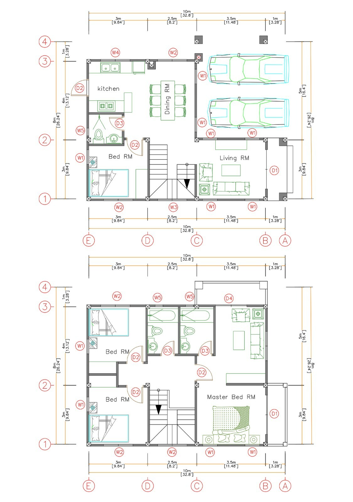 26×33 Feet House Design Plan 8×10 Meter 3 Beds 3 Baths Hip Roof (A4 Hard Copy)