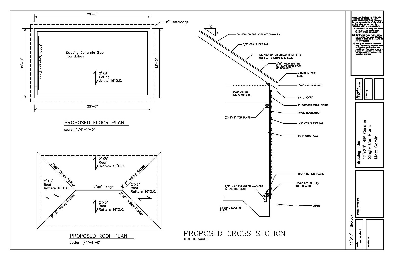 12’X20′- 20’X12′ ONE CAR GARAGE PLANS HIP ROOF GARAGE PLAN 17-1220-HIP-1