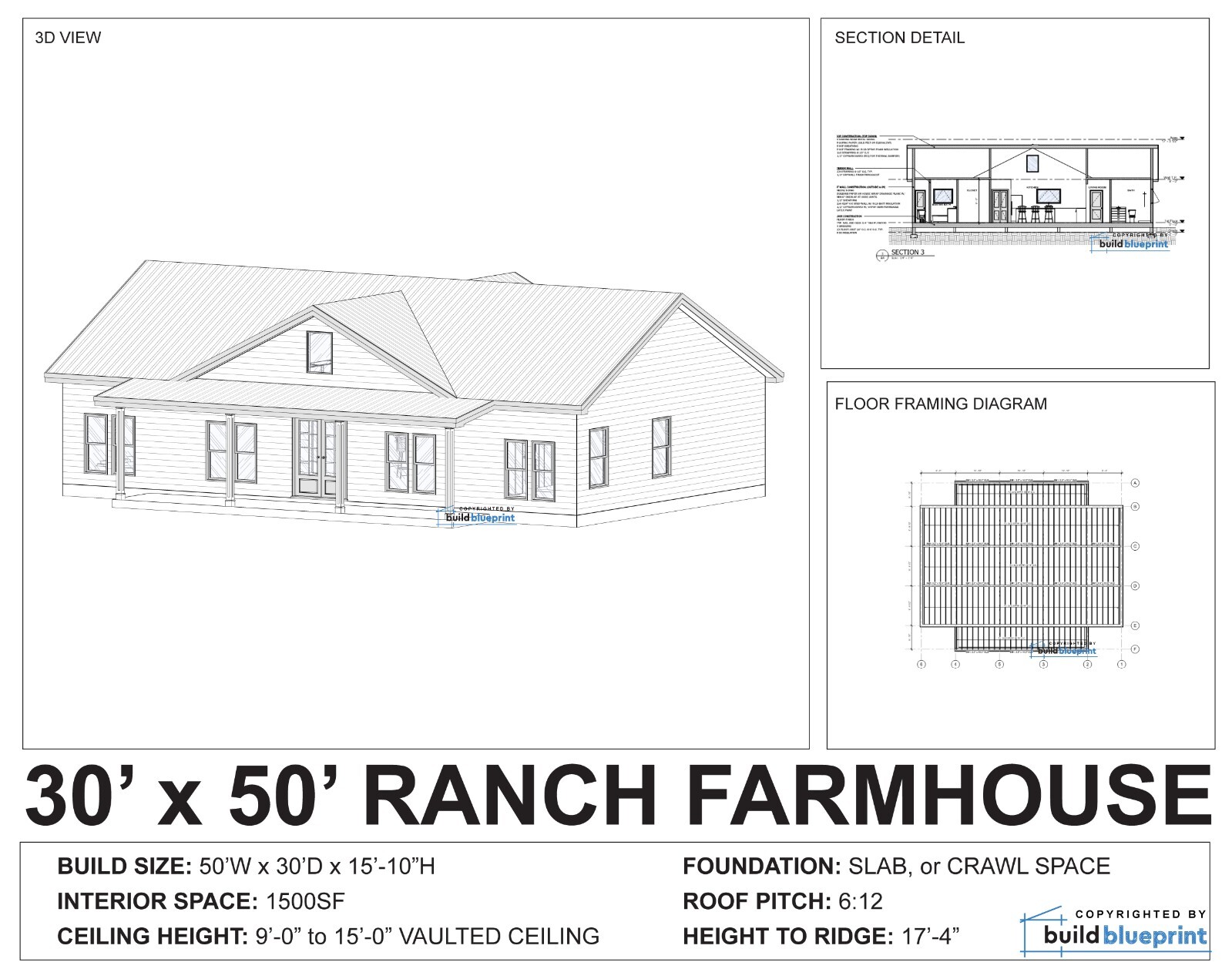30×50 Modern Farmhouse Custom Architectural Plans 1500SF – PDF Download