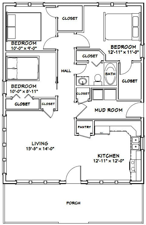 28×36 House — 3 Bedroom 1 Bath — 1,008 sq ft — PDF Floor Plan — Model 1I
