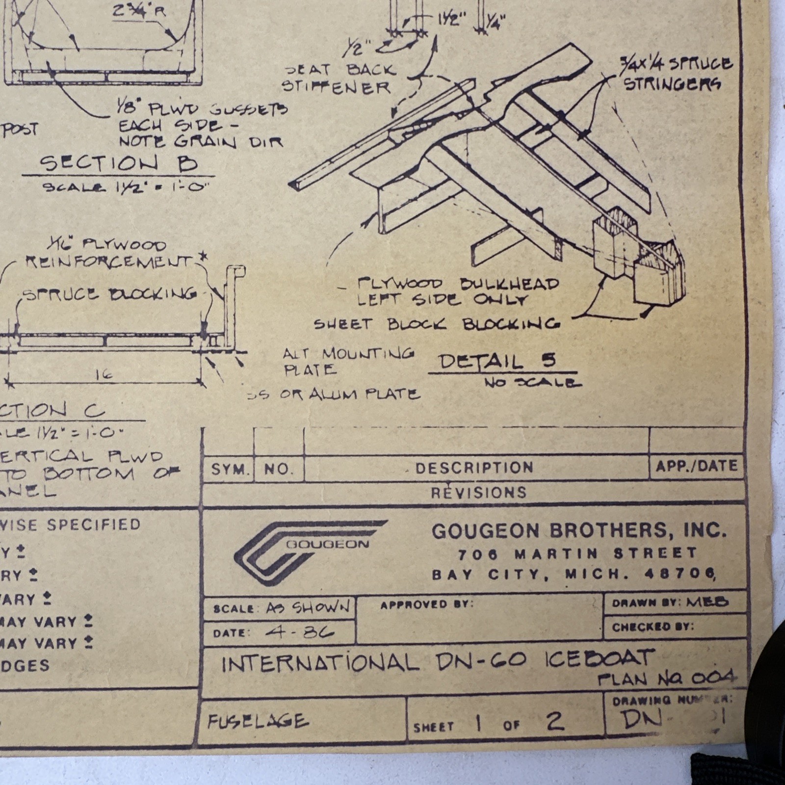 Vintage Blueprint International DN-60 Iceboat Gougeon Brothers Bay City Michigan