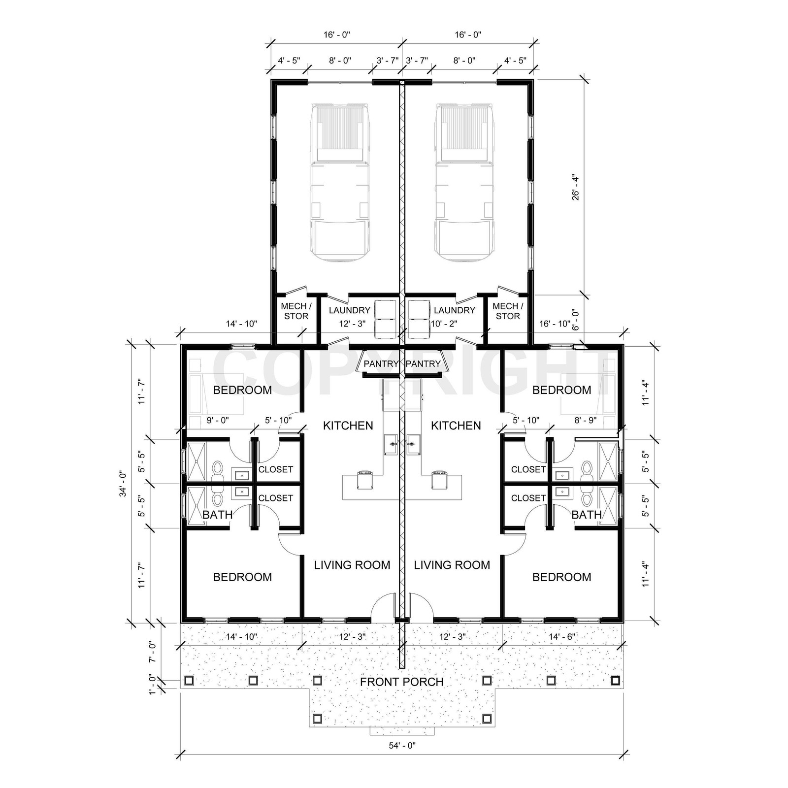 Gable Truss Duplex House Plan with Garage – 1836 SF – Modern Multifamily Investm