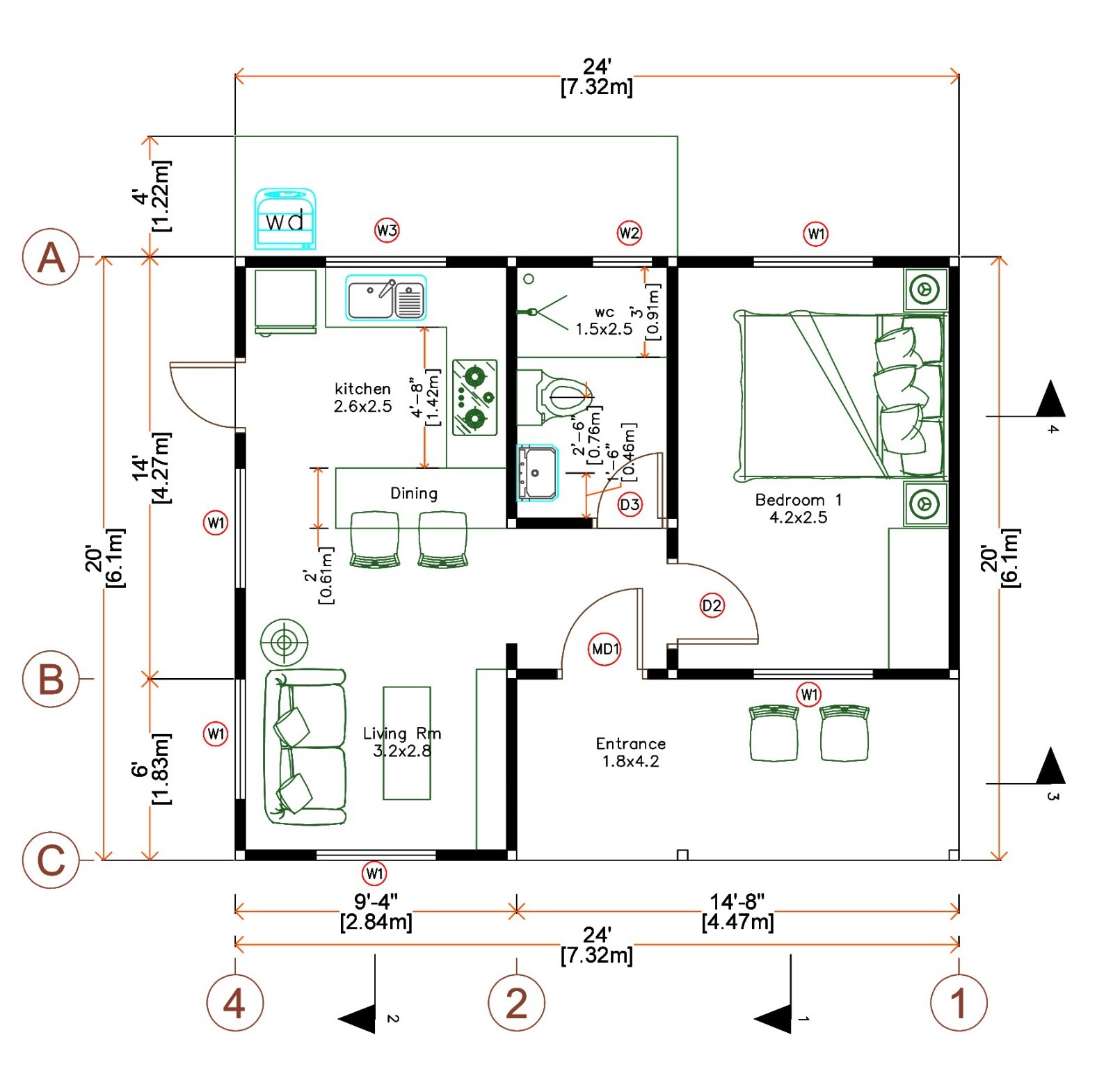 24×20 Feet Tiny House Plans 7×6 Meter One Bed Gable Roof PDF Plan (A4 Hard Copy)