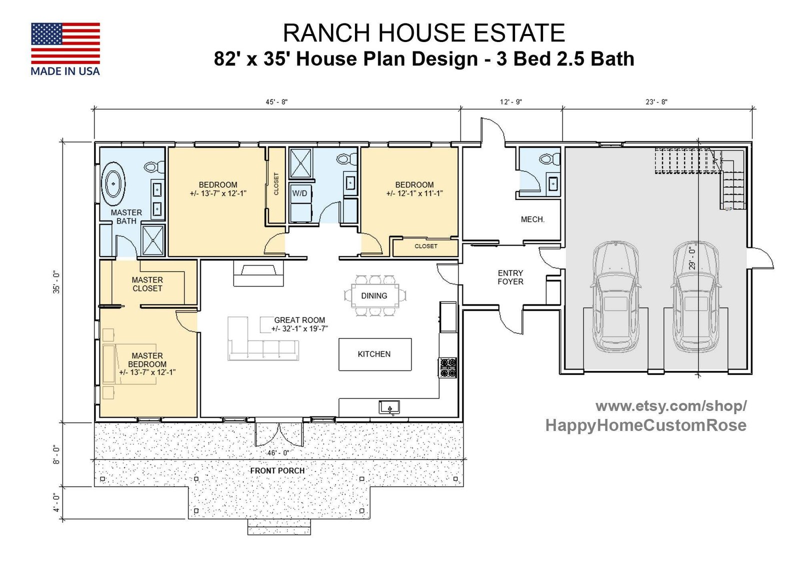 Cypress Barn Modern Ranch House – 82′ x 35′ House Plan Design – 3 Bed 2.5 Bath 1