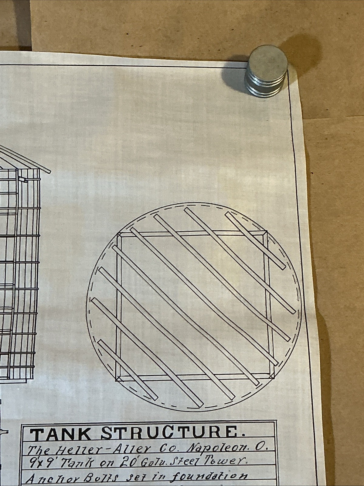 Early 1900s Mechanical Drawing Of Water Tower Heller-Alley Co. As Is INV-JDH14