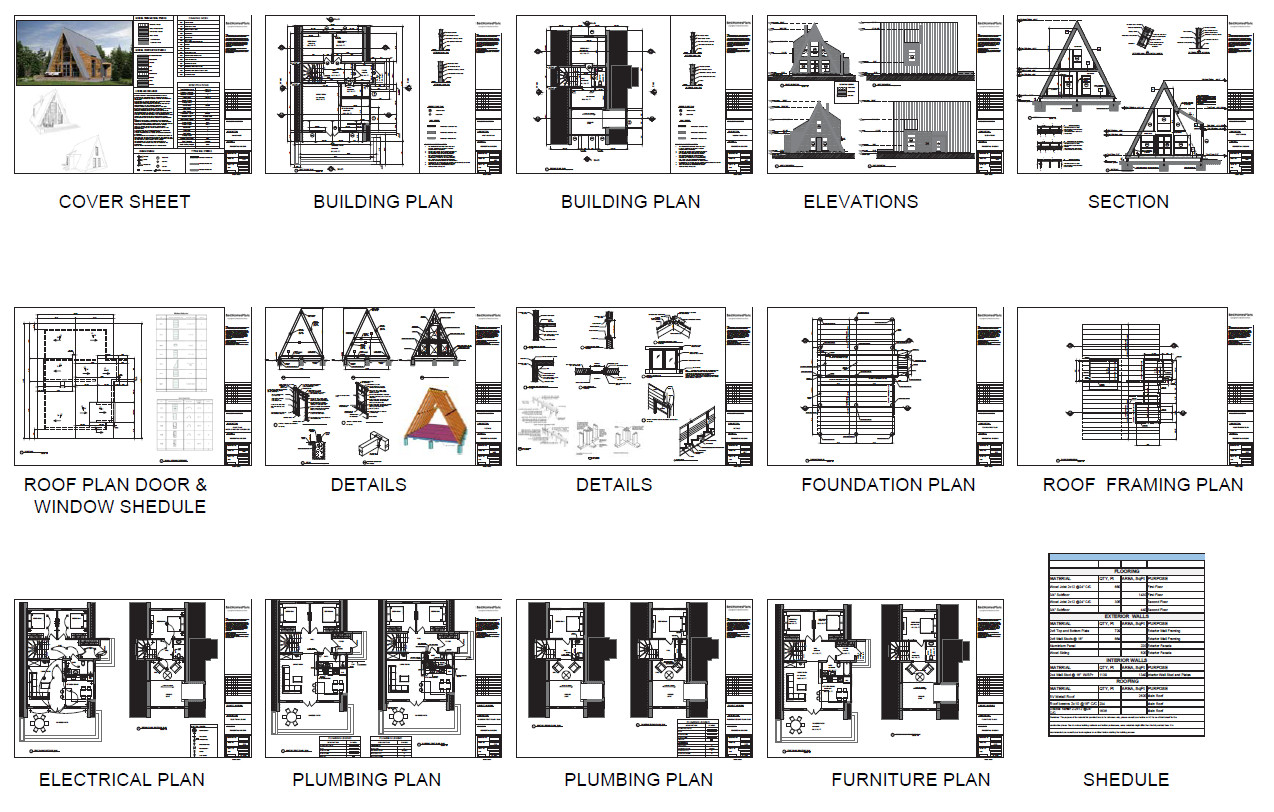35’x51’ 3 Beds, 2 Baths Charming A-Frame Architectural Build Plans PDF Download.