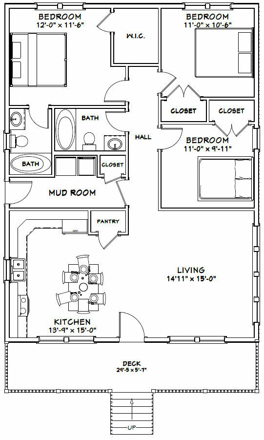 30×40 House — 3 Bedroom 2 Bath — 1,200 sq ft — PDF Floor Plan — Model 2G