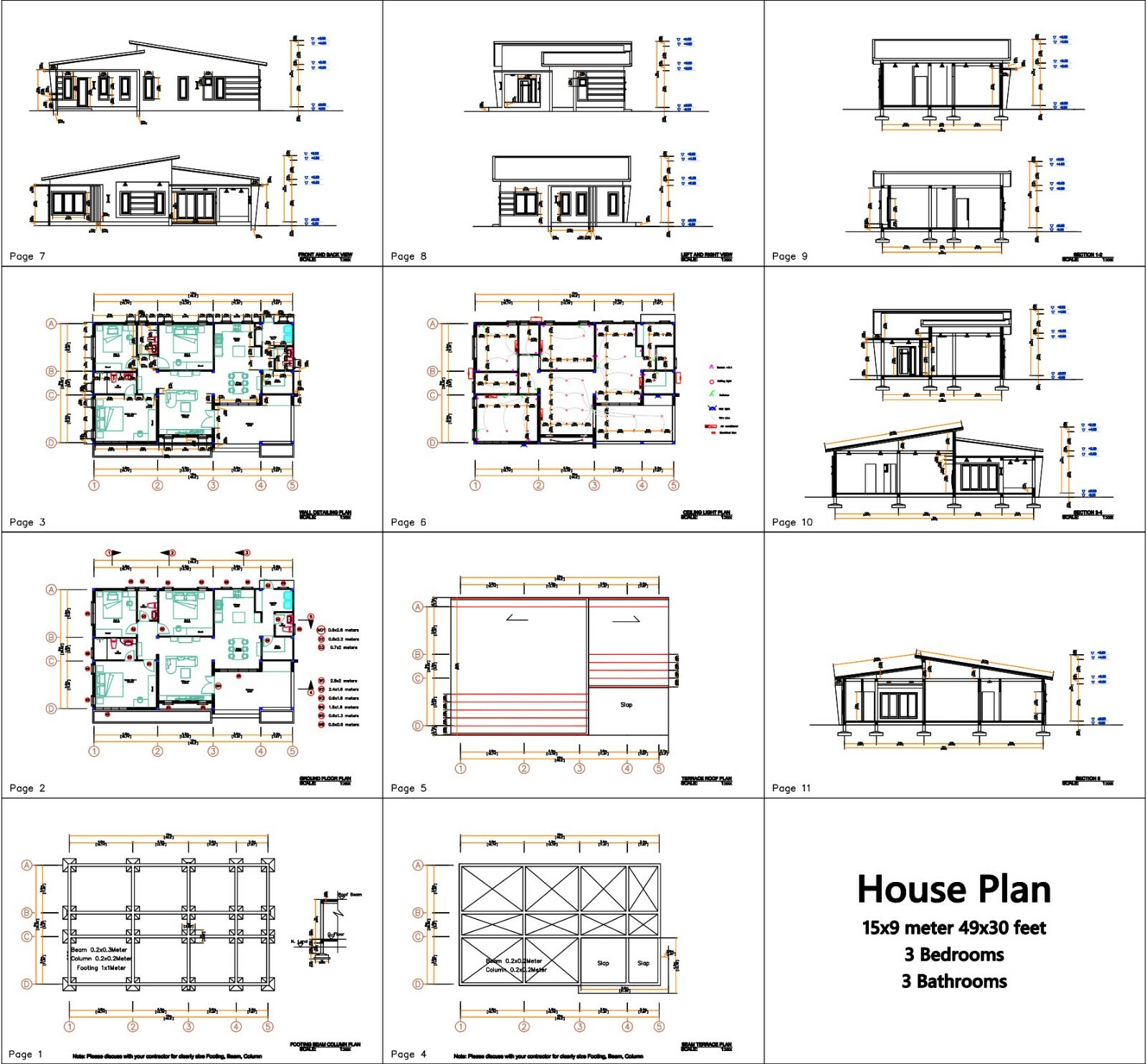 49×30 Feet House Plan 15×9 Meter with 3 Beds 3 Baths Shed Roof (A4 Hard Copy)