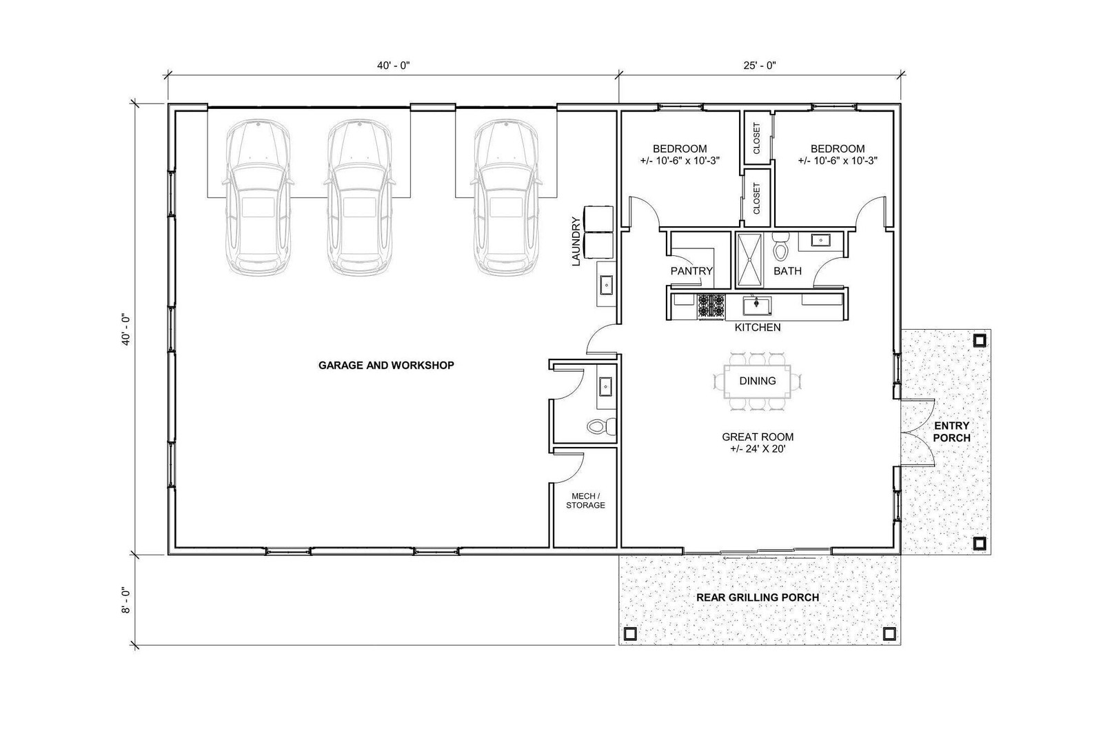 Ozark Compact Homestead Barndominium House Plan Design 65 x 40 – 2 Bed 1.5 Bath