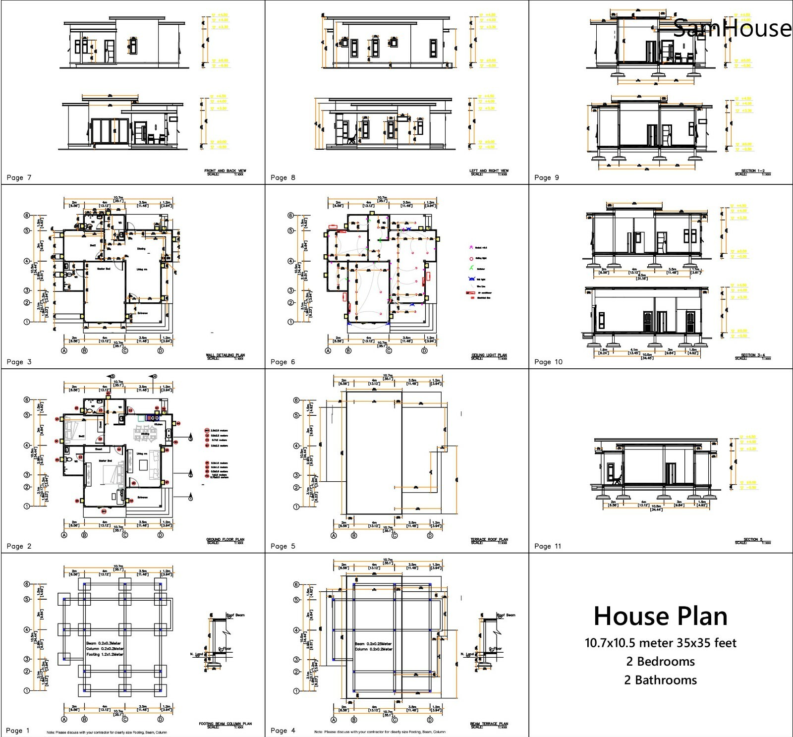 Mini House Designs 10.7×10.5 Meter 35×34 Feet 2 Bed Flat Roof PDF (A4 Hard Copy)