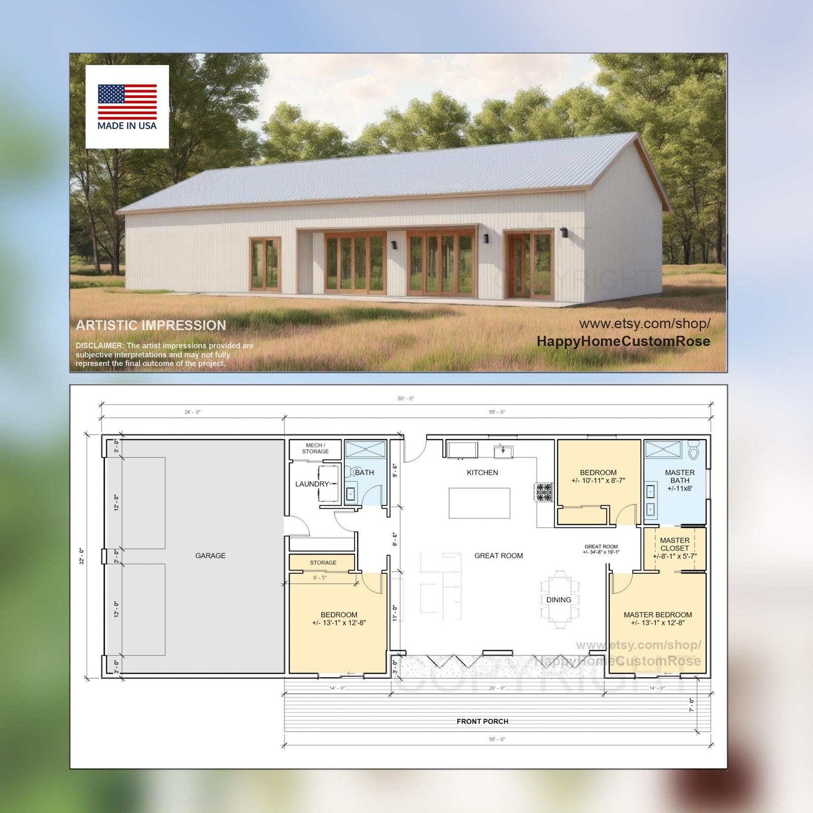 Nordic Barndominium Modern House Open Plan Design 80 x 32 – 3 Bed 2 Bath – Drawi