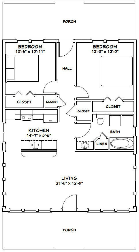 28×36 House — 2 Bedroom 1 Bath — 1,008 sq ft — PDF Floor Plan — Model 2A
