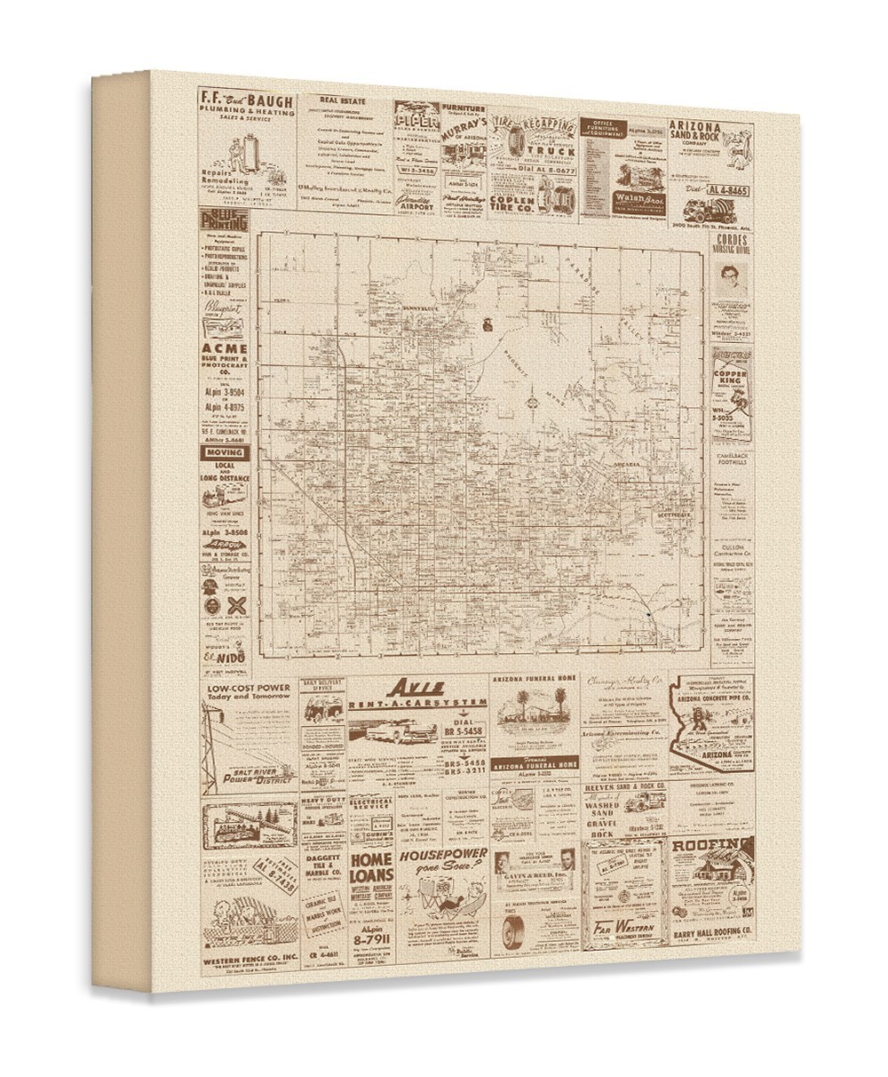 Phoenix Arizona Vintage City Map Mid Century Street Plan with Historic Ads