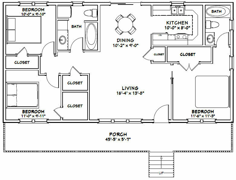 46×24 House – 3 Bedroom 2 Bath – 1,104 sqft – PDF Floor Plan – Model 1D