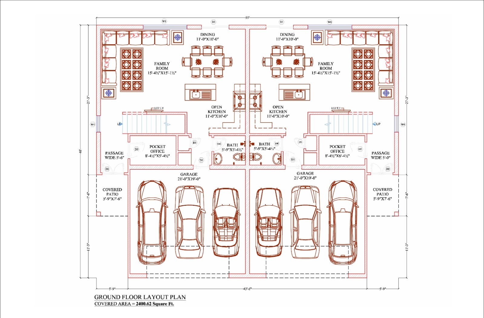 55’x46′ Duplex Residential Building Plans – 2 Units, 3 Bedrooms Each