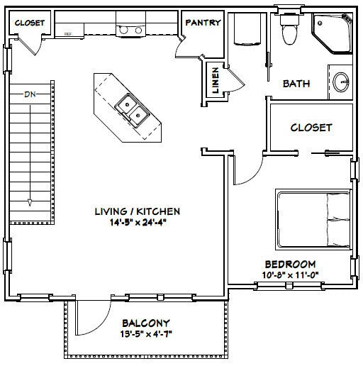 30×24 House — 1 Bedroom 1.5 Bath — 1,029 sq ft — PDF Floor Plan — Model 7C