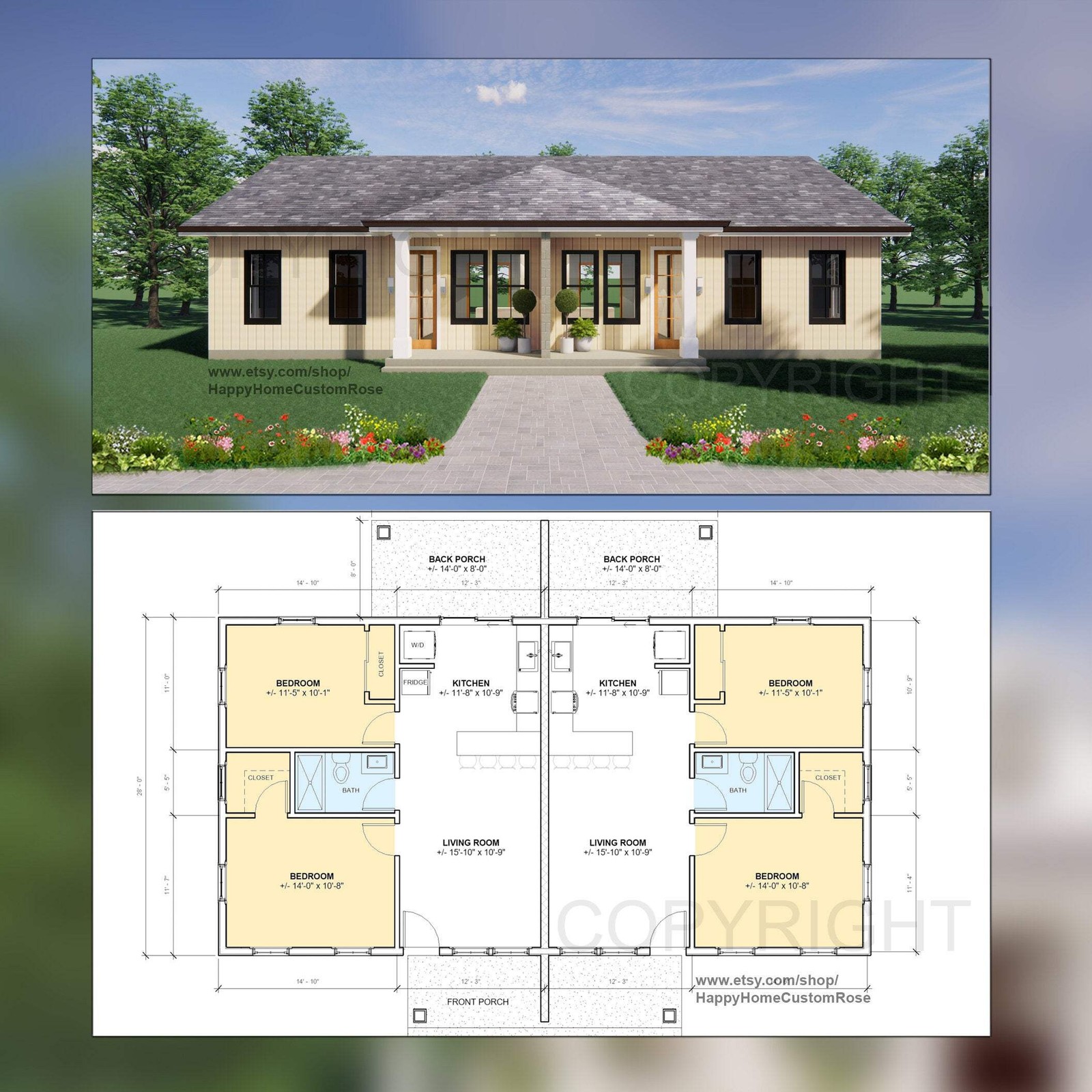 Hip Roof Duplex Investment Rental Plan – 2 Bed 1 bath – 756 SF – Modern Spacious