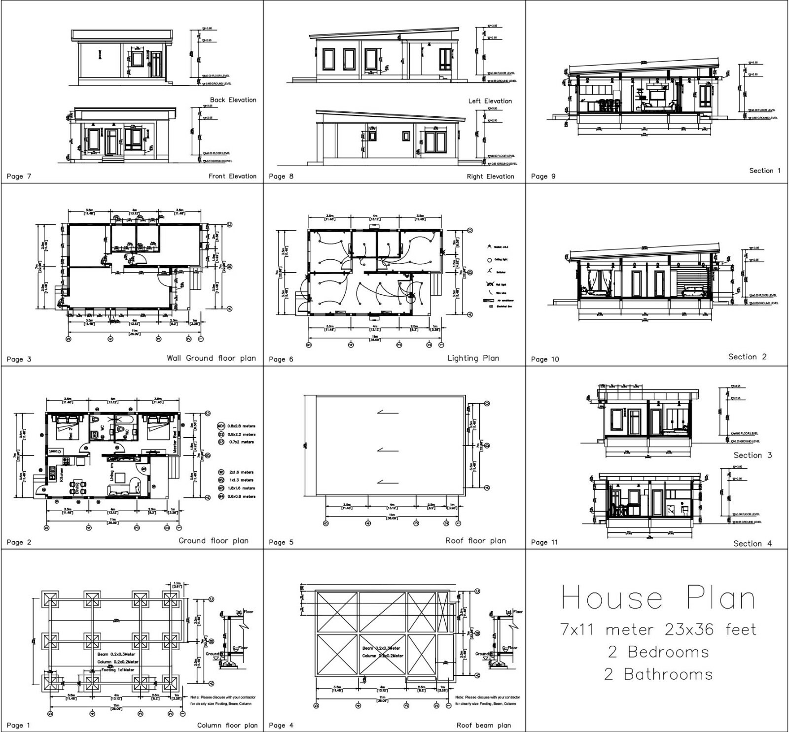 Small House Plans 7×11 Meters 23×36 Feet 2 Beds 2 Baths Shed Roof (A4 Hard Copy)