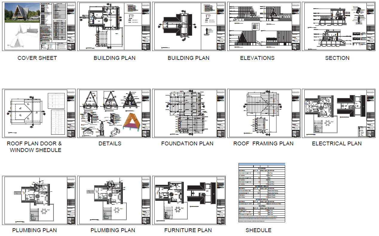 42’x49’ 2 Beds 1 Bath Small A-Frame Cabin Architectural Build Plans PDF Download