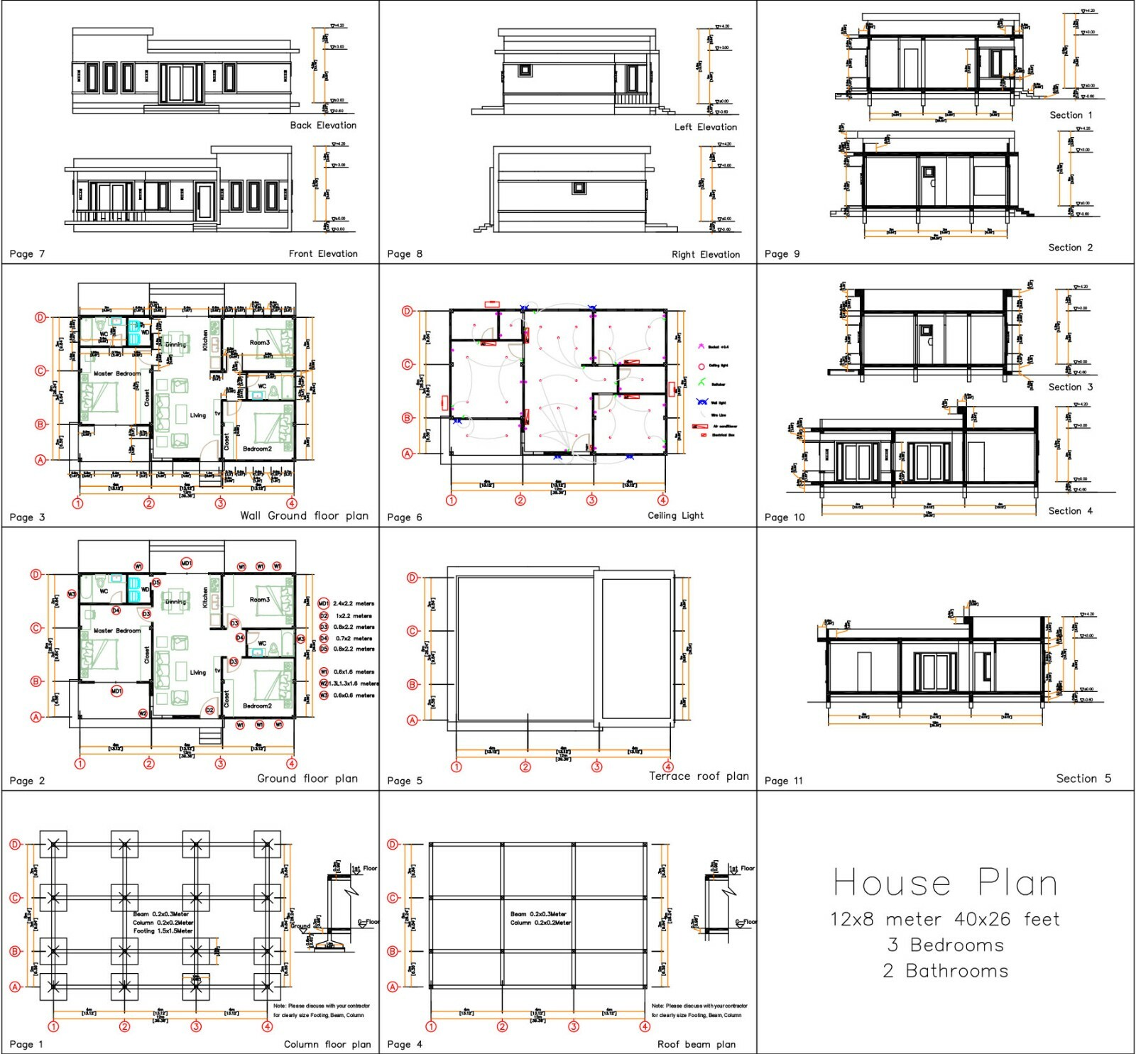 One Level House Plans 12×12 Meters 40×40 Feet 3 Beds 2 Baths Flat (A4 Hard Copy)
