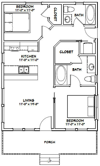 24×32 House — 2 Bedroom 2 Bath — PDF Floor Plan — 768 sq ft — Model 3