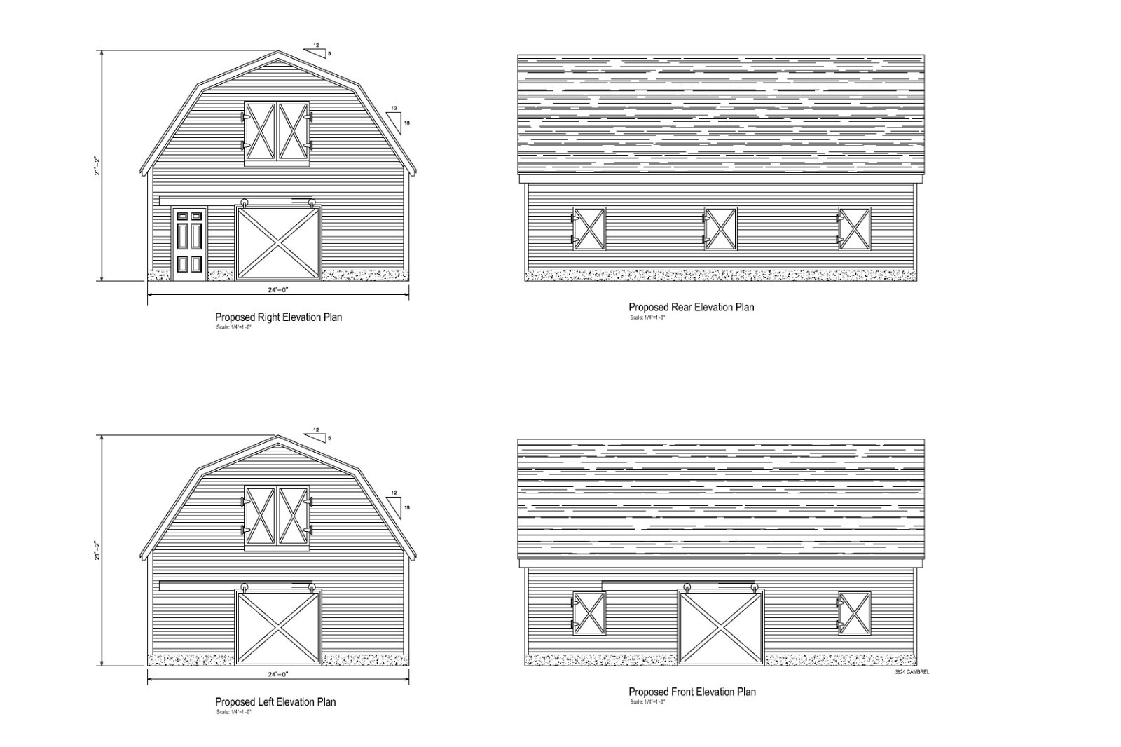 24X36 36X24 HORSE BARN PLANS GAMBREL ROOF POLE BARN CONST #17-2436-HB-GMB-7