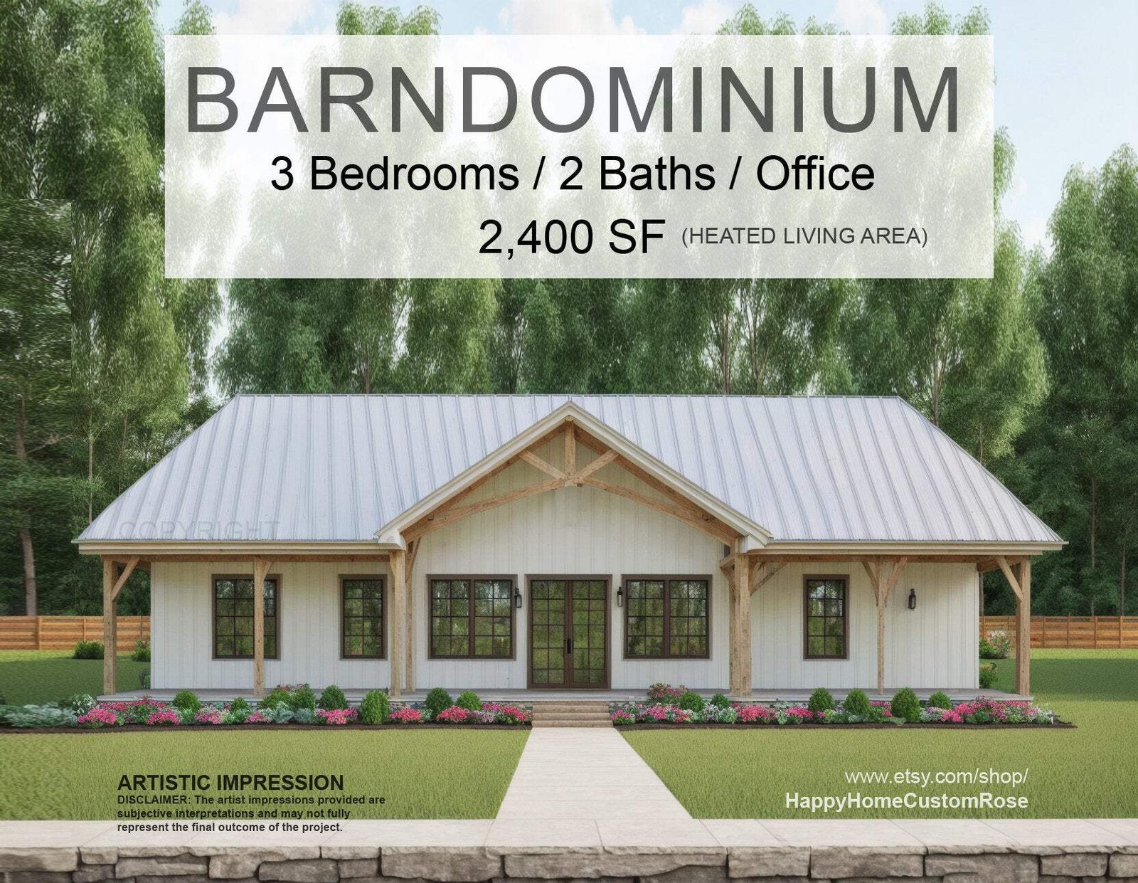 Farmhouse Barndominium – 40′ x 60′ House Plan Design – 3 Bed 2 Bath – Drawings B