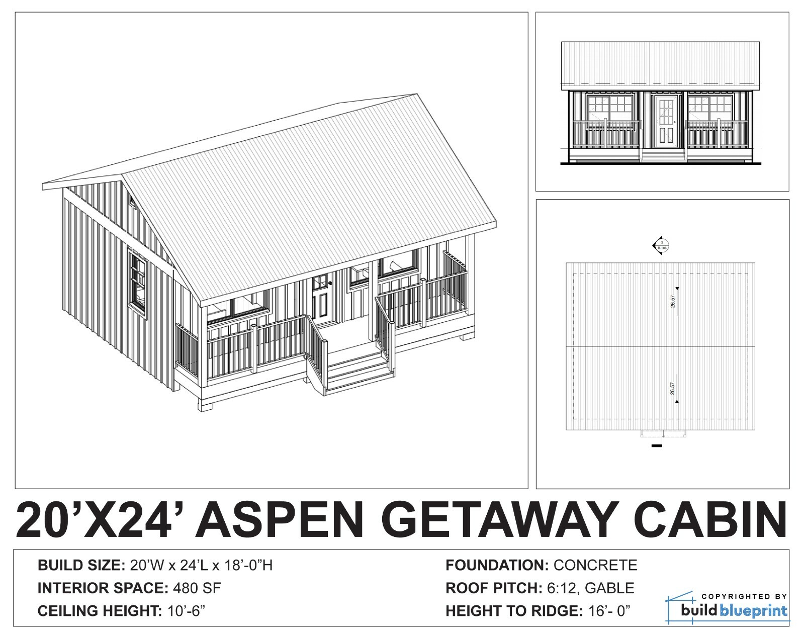 Small 480SF Getaway Wooden Cabin Architectural House Plans – PDF Download