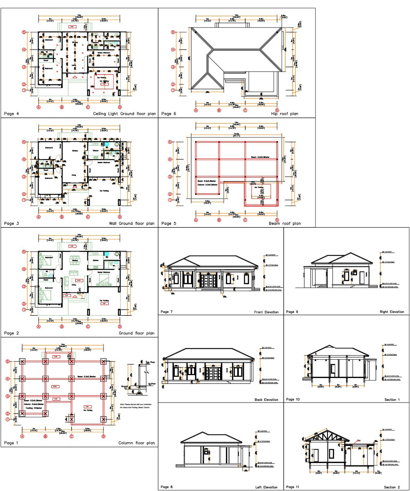 House Plans 14×11 Meter 46×36 Feet 3 Beds 2 Baths Hip Roof (A4 Hard Copy)