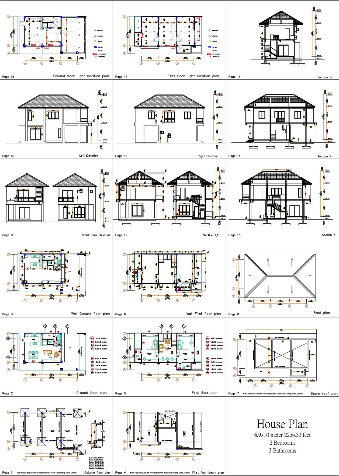 22.5×33 Feet Small House Plan 6.9×10 Meter 2 Beds 3 Bath Hip Roof (A4 Hard Copy)