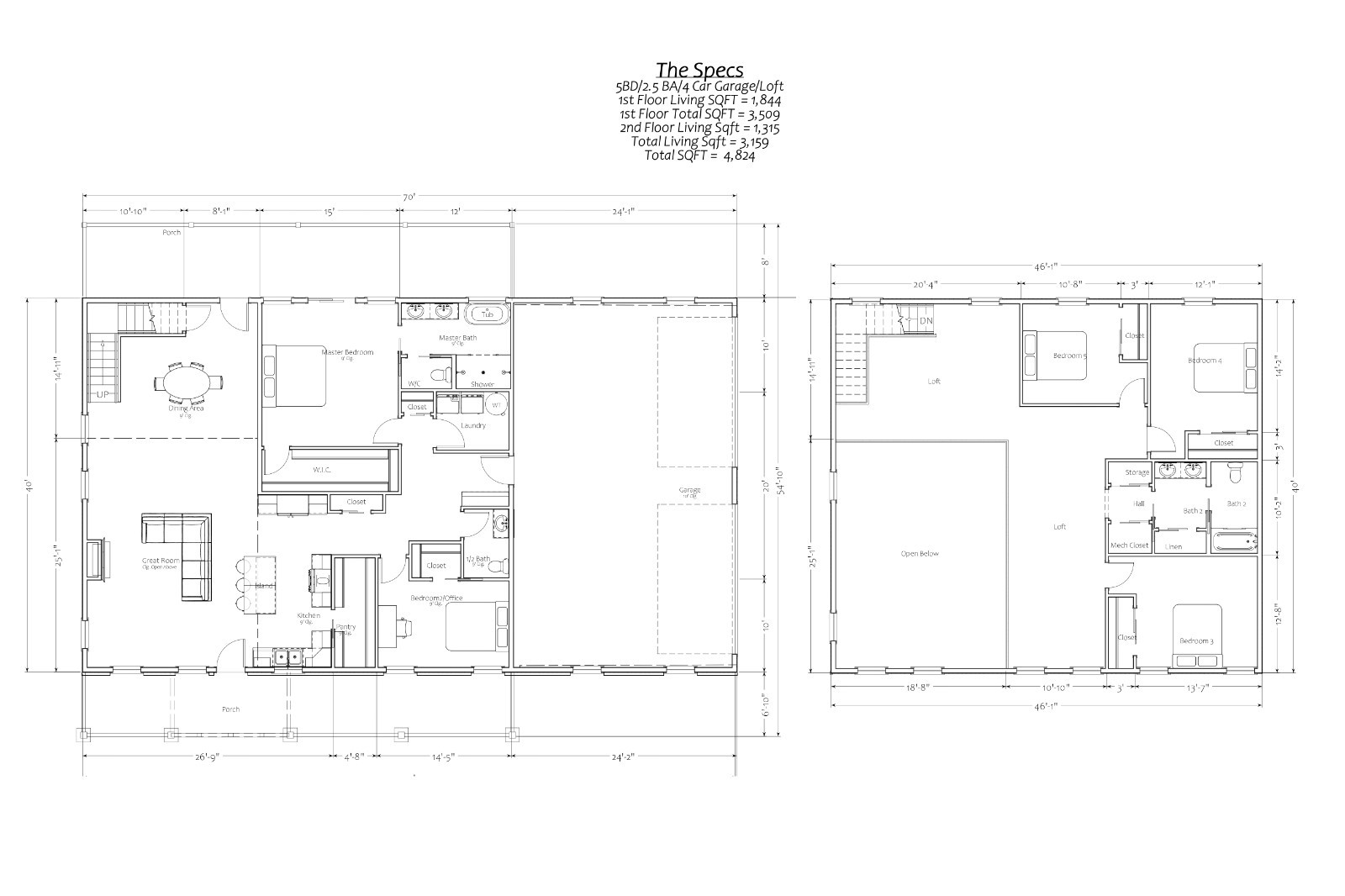 2 Story Country Loft Plan: 3,159 (Living) Sqft, 5 Bed – 2.5 bath – 4-Car Garage