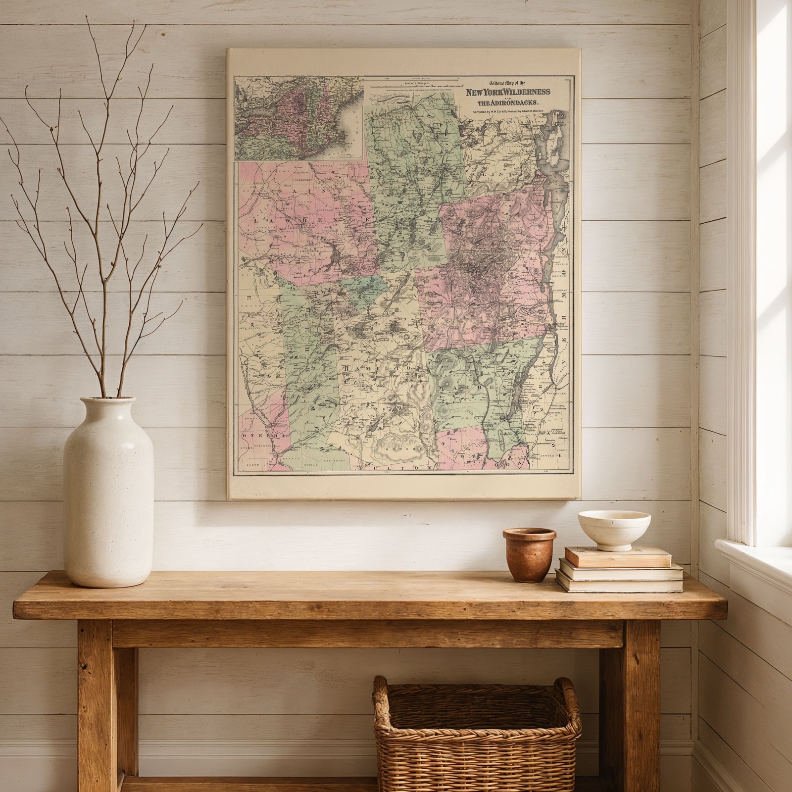 New York Wilderness & Adirondacks Antique Map Vintage Upstate Travel Wall Art